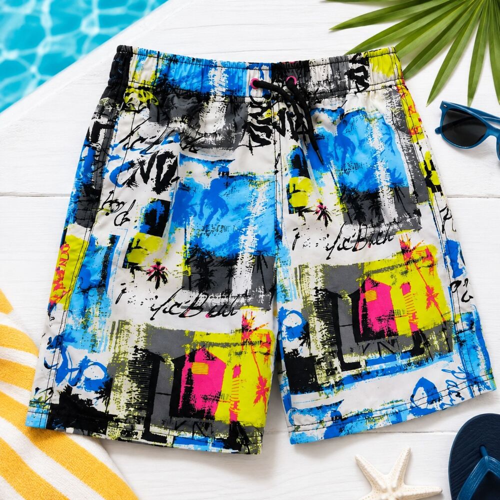 Cherokee Boys Swim Trunks 8/10 Blue Neon Graphic Board Shorts Lined Drawstring